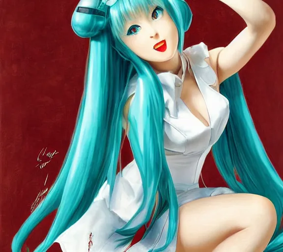 Image similar to Hatsune Miku by Gil Elvgren