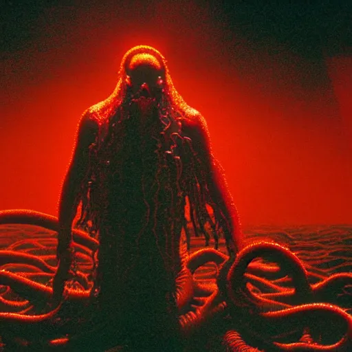 Prompt: the anti - christ rising from a red ocean with slimy tentacles. color detailed photograph from a 1 9 9 0 s horror movie.