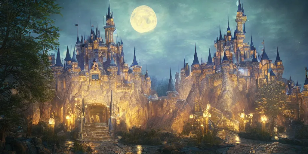 Image similar to a glittering fantasy castle at night with grand delicate walkways, extremely detailed oil painting, unreal 5 render, fantasy digital art, octane render, beautiful composition, trending on artstation, award-winning photograph, masterpiece