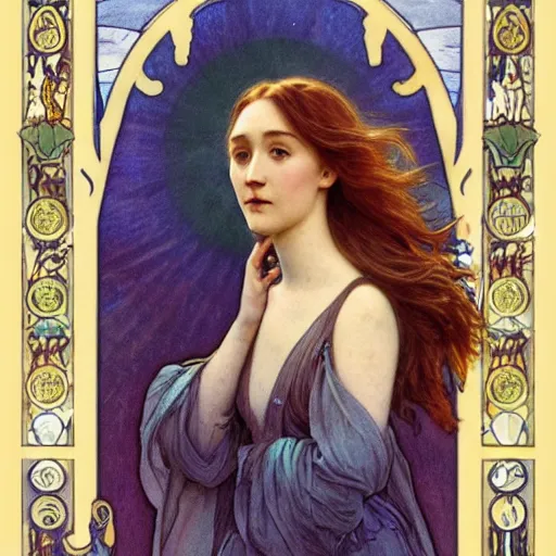 Image similar to saoirse ronan portrait by louis - theophile hingre and alphonse mucha, realistic, sharp focus, zodiac signs, tarot cards, planets, ethereal, art nouveau, magic, moon, sun, crown, dreamy, royal, jewellery