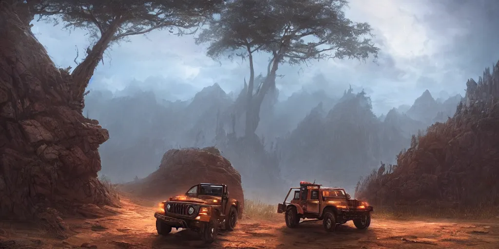 Prompt: Mahindra Thar, an epic fantasy, dramatic lighting, cinematic, establishing shot, extremely high detail, photorealistic, cinematic lighting, artstation, by simon stalenhag, The Elder Scrolls III: Morrowind, the Nerevarine drives across Morrowind