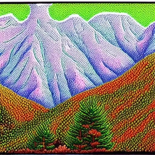 Prompt: A beautiful Mountain Range in the Style of Pointilism, masterpiece, oil painting scan 4k
