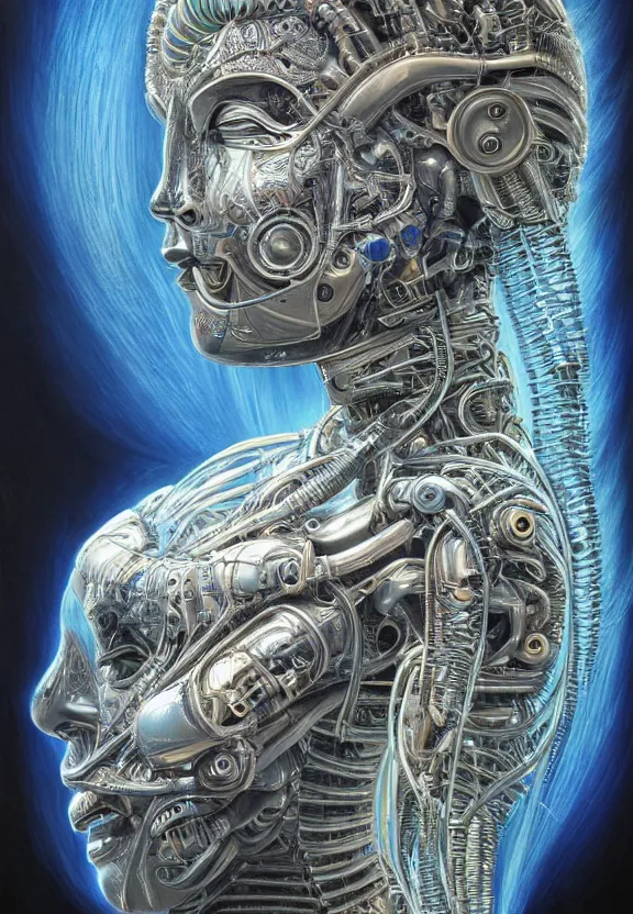 Image similar to perfectly centered portrait, front view of a beautiful biomechanical cyberpunk alien android robot buddha, female, flowing hair, intense stare, sarcastic smile, symmetrical, concept art, intricate detail, volumetric shadows and lighting, realistic oil painting by alex grey and h. r giger,