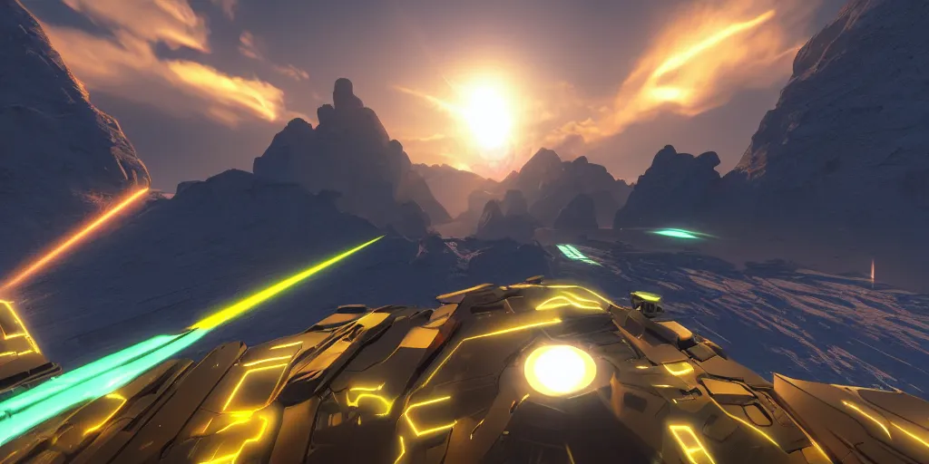 Prompt: screenshot of battlezone, videogame, vector, large mountains visible, axure sky, neon glow, lens flare