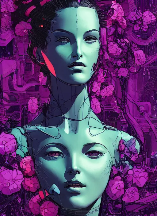 Prompt: android face surrounded by cables and flowers. portrait by mœbius and will eisner and gil elvgren and pixar. realistic proportions. cyberpunk 2 0 7 7, apex, blade runner 2 0 4 9 concept art. cel shading. attractive face. thick lines.
