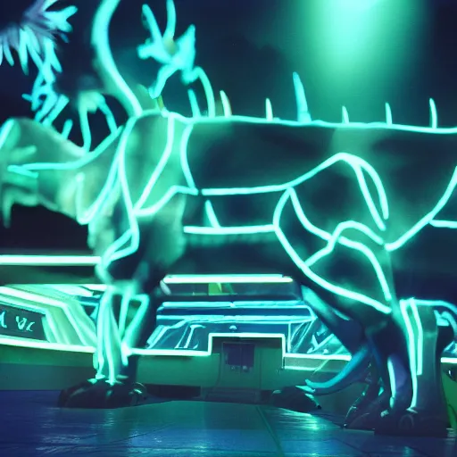 Prompt: electric blue scaled glowing baby dinosaurs in tron movie, cinestill