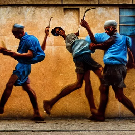 Prompt: bakers fighting escaping bread, by Steve McCurry and David Lazar, natural light, detailed face, CANON Eos C300, ƒ1.8, 35mm, 8K, medium-format print