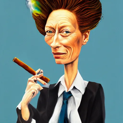 Image similar to an oil painted caricature of tilda swinton with a cuban cigar in her hand, blowing out smoke, by salvador dalí, trending on art station, 4K, studio ghibli color scheme