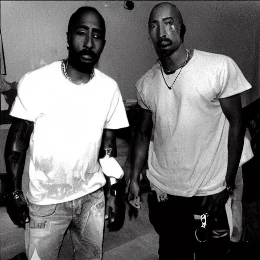 Prompt: phot of 2 pac if he was alive today hanging with eminem.