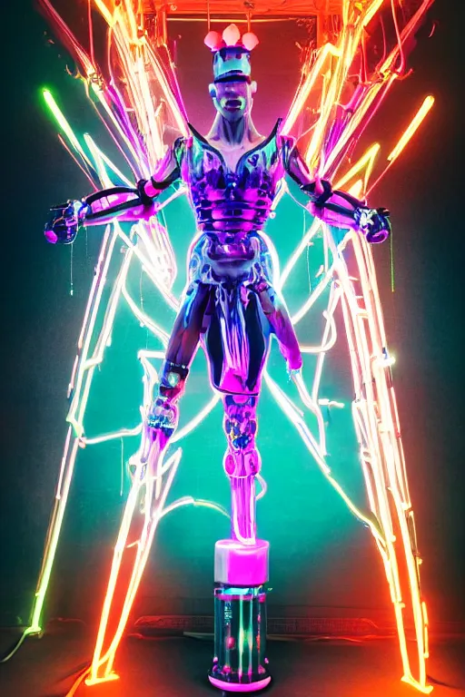 Image similar to full-body neon porcelain baroque cyberpunk style sculpture of a muscular handsome prince as a high-fashion half-robot wearing retro shades with a porcelain body, corrupted battery, leaking glowing neon radioactive liquid, electric sparks, glowing violet laser beam eyes, crown of giant crt monitors, flowing pink and orange neon-colored glitched silk, luminescent fabrics, mechanical raptors. baroque and steampunk elements. full-length view. baroque element. intricate artwork by caravaggio. Very very very very highly detailed epic photo of face. Trending on artstation, octane render, cinematic lighting from the right, hyper realism, octane render, 8k, depth of field, 3D