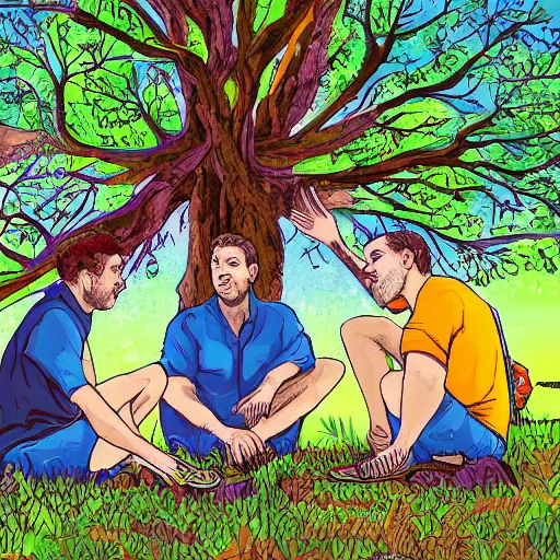 Prompt: three cartographers resting under a massive tree, talking, vivid colors, digital illustration, sharp focus, highly detailed, studio quality