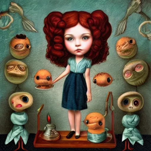 Image similar to the blacksmits’ daughter, working in the forge, lowbrow in the style of Mark Ryden,