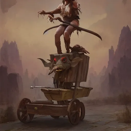 Prompt: goblin riding in a rickety wooden cart holding a lance, organic painting, sunny day, matte painting, bold shapes, hard edges, street art, trending on artstation, by huang guangjian, gil elvgren, ruan jia, greg rutkowski, gaston bussiere