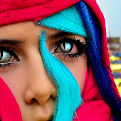 Image similar to moroccan women, long yellow hair, blue big eye, with large boops, perfect face and silhouette.