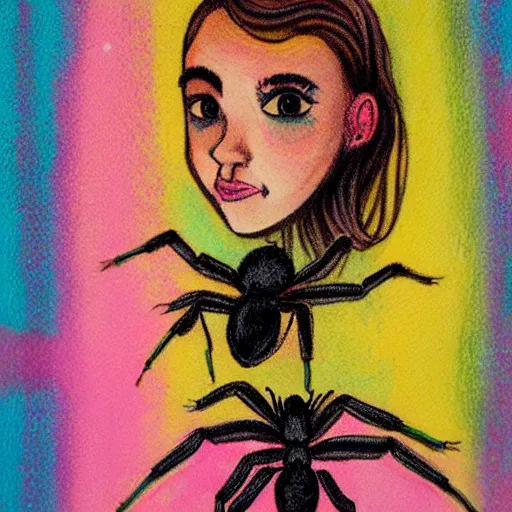 Image similar to a girl with a spider, xilography, bright pastel colors