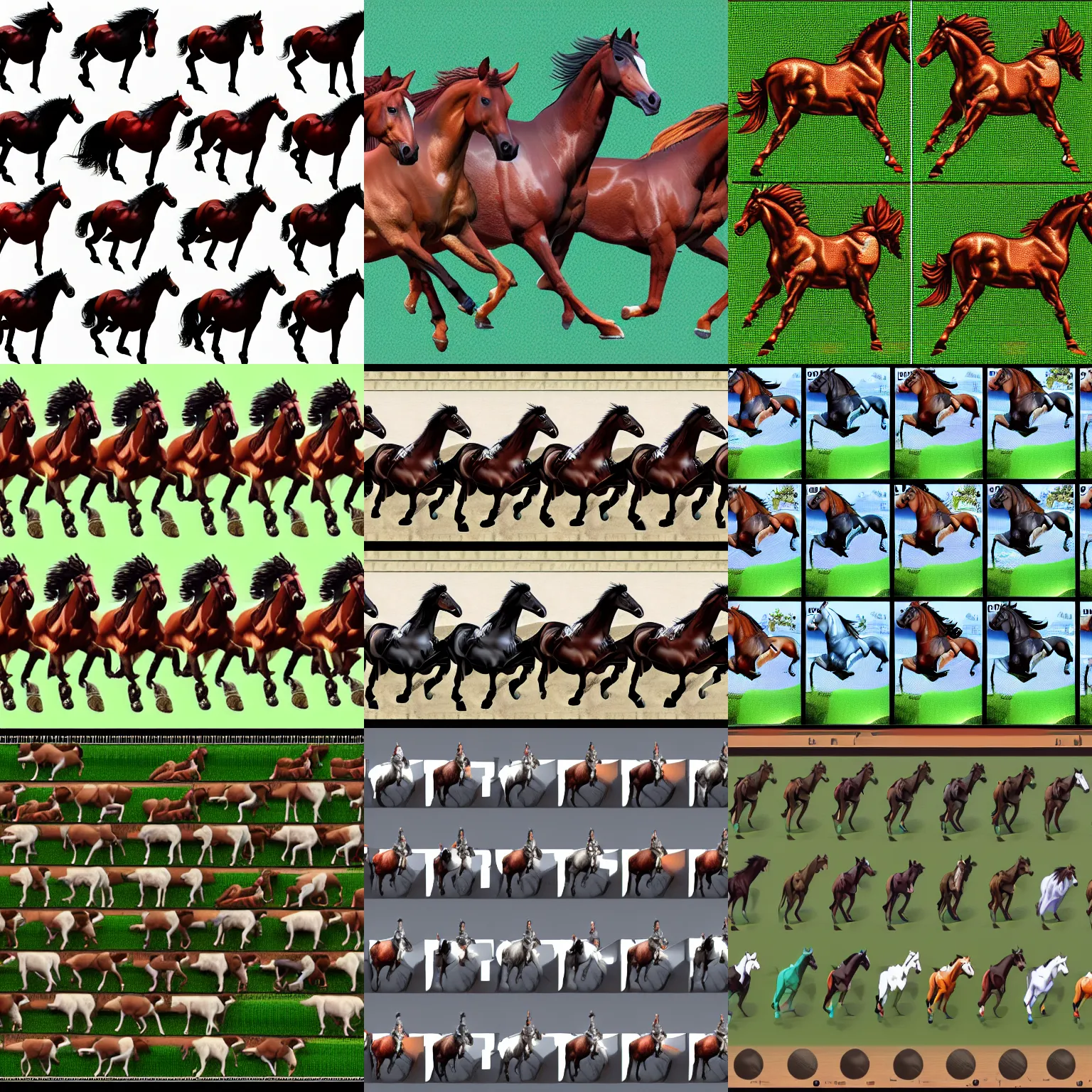 Prompt: 10 frame sprite sheet of horse running, 8k, extreme detail, game design