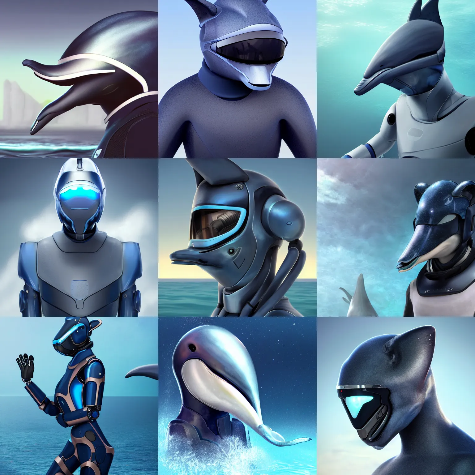 Image similar to very very beautiful furry art, male robotic anthro dolphin, synthetic cetacean hybrid android, face covered by dark opaque visor, wide bottlenose snout below visor, smooth round shapes, all dark blue metal, commission on furaffinity, cgsociety, octane render, sea in background