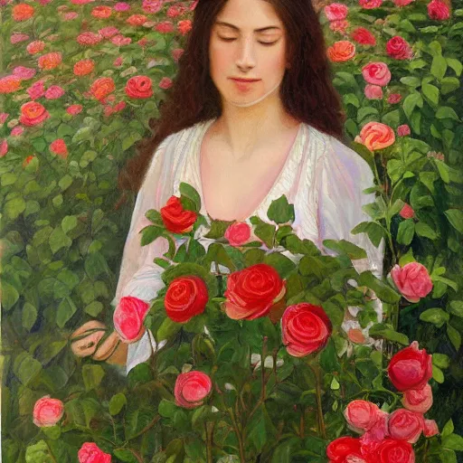 Image similar to a beautiful and intricate painting of a young woman standing in a garden, surrounded by roses. the woman has a gentle, kind expression on her face, and the overall effect is one of serenity and peace.