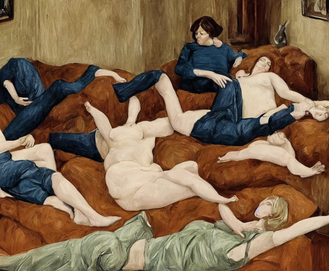 Image similar to portrait of two women lying horizontal, in an old english apartment on a brown leather sofa. one is wearing a dark blue sweather, the other a white shirt. brown hair, they are looking into the camera. wide shot. in the style of lucien freud. oil painting. green mood. isometric perspective