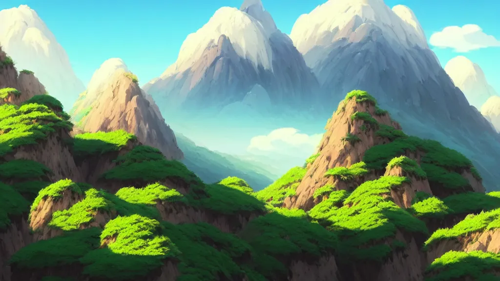 Prompt: mountainside landscape, studio ghibli, pixar and disney animation, sharp, rendered in unreal engine 5, highly detailed, digital painting, artstation, concept art, smooth, sharp focus, illustration, wide angle, artbook, wallpaper, splash art, promo art, dramatic lighting, art by artgerm and greg rutkowski and bo chen and jin xiaodi
