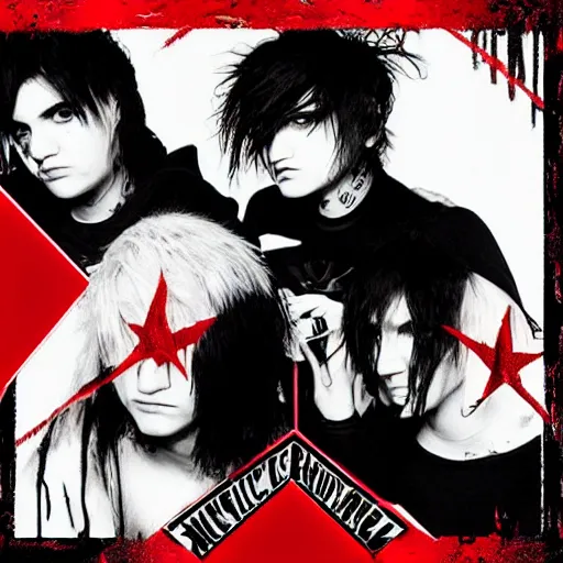 Prompt: My Chemical Romance’s new collaboration album with Pierce The Veil, the style of metal band album covers, deep and emotional, black, red and white color scheme, has both band’s logos, metalcore, emo, dramatic, featuring a girl and a boy