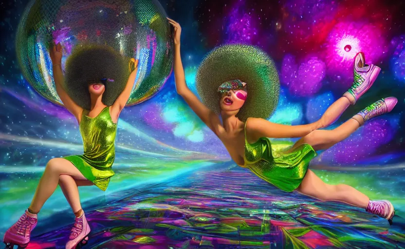 Prompt: Ultradetailed, hyperrealistic, a vintage roller skating diva wearing a disco ball skirt with a disco ball afro in a psychedelic cosmic roller rink in the clouds, by Vladimir kush, by josip csoor, by roger dean, rendered in octane, volumetric lighting, 3d rendering, retro color scheme, trending on artstation -20