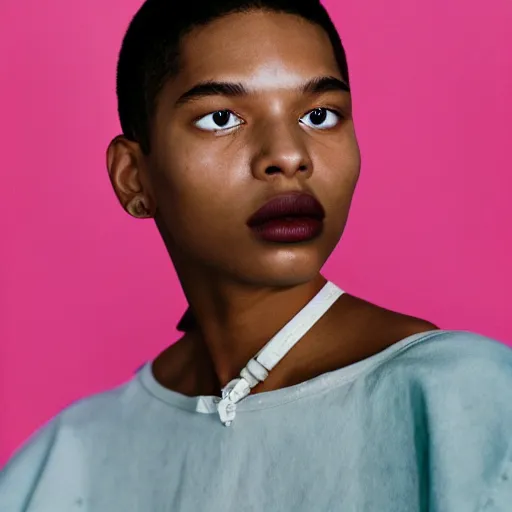 Image similar to realistic photoshooting for a new balenciaga lookbook, color film photography, portrait of a beautiful woman, in style of Tyler Mitchell, 35mm,