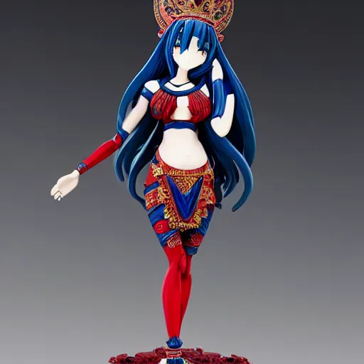 Prompt: figurine of a female goddess, highly detailed, dark red and blue and black color palette, intricate, high quality anime artstyle, in the style of sana takeda