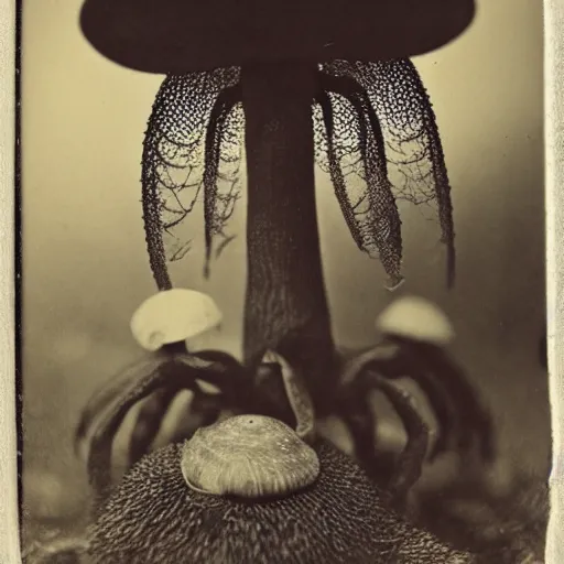 Image similar to Mushroom Temple Wizard with large magical spider legs by Ansel Adams Tintype 1800s