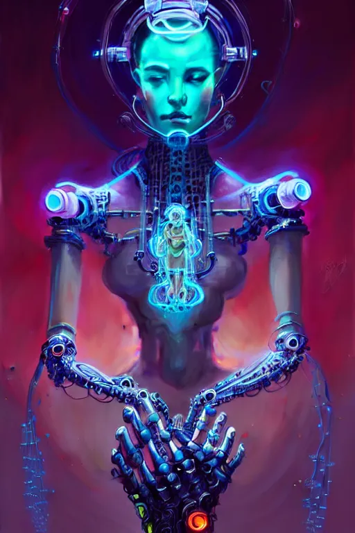 Image similar to portrait, biomechanical bioluminescent queen, cyberpunk, bionics, augments, cables, elegant gleaming intricate baroque jewellery, colorful, vivid, imposing, epic, digital painting, artstation, concept art, by peter mohrbacher and wlop and rhads