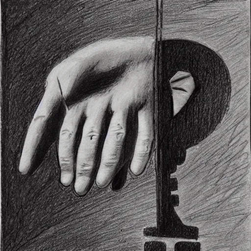 Prompt: left hand holding a key, drawing by Henry Moore