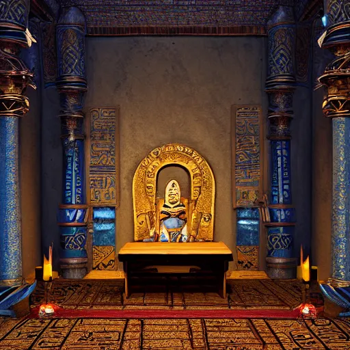 Prompt: fantasy movie scene greg rutkowski digital painting of an ornate and royal egyptian antechamber tomb with a old twisted wooden staff weapon with a blue crystal at it's tip laying on a stone altar, unreal engine, hyper realism, realistic shading, cinematic composition, blender render, octane render, hdr, detailed textures, photorealistic, 3 5 mm film