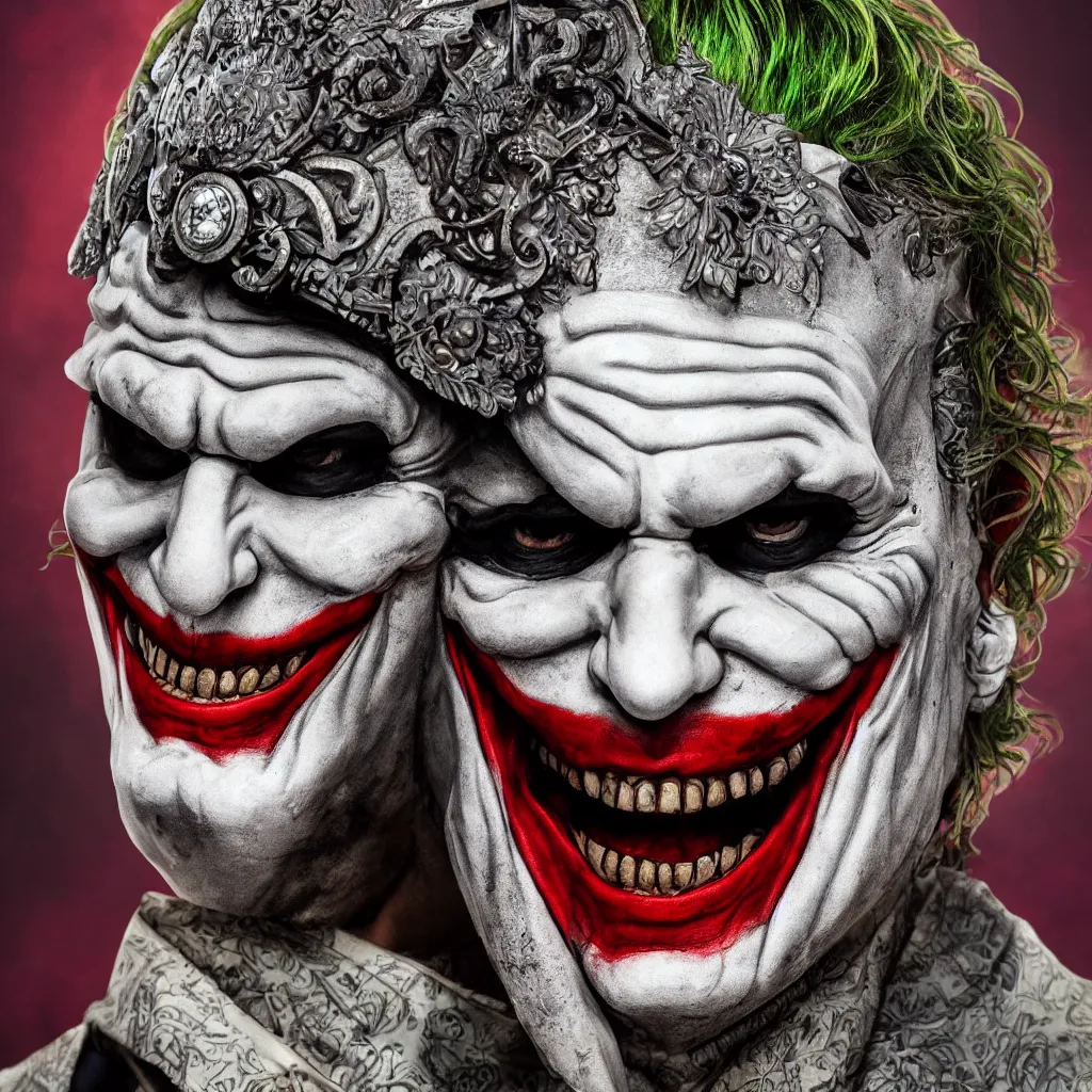 Image similar to professional portrait of the 2 0 1 9 joker wearing a imperial roman helmet, 8 k, very detailed, very intricate