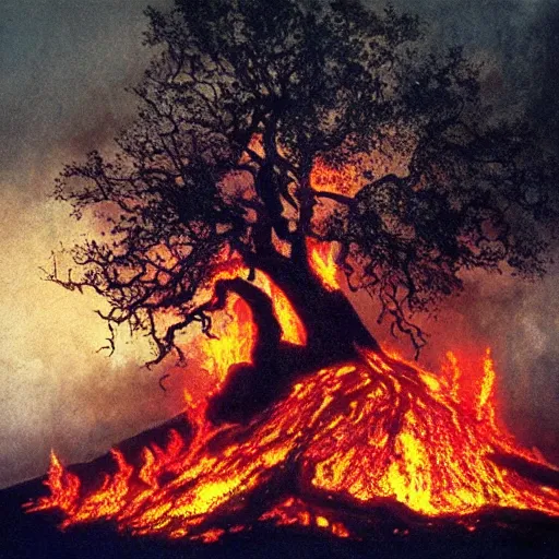 Image similar to an oak tree aflame, still, fog in background, dantes inferno, evil album cover