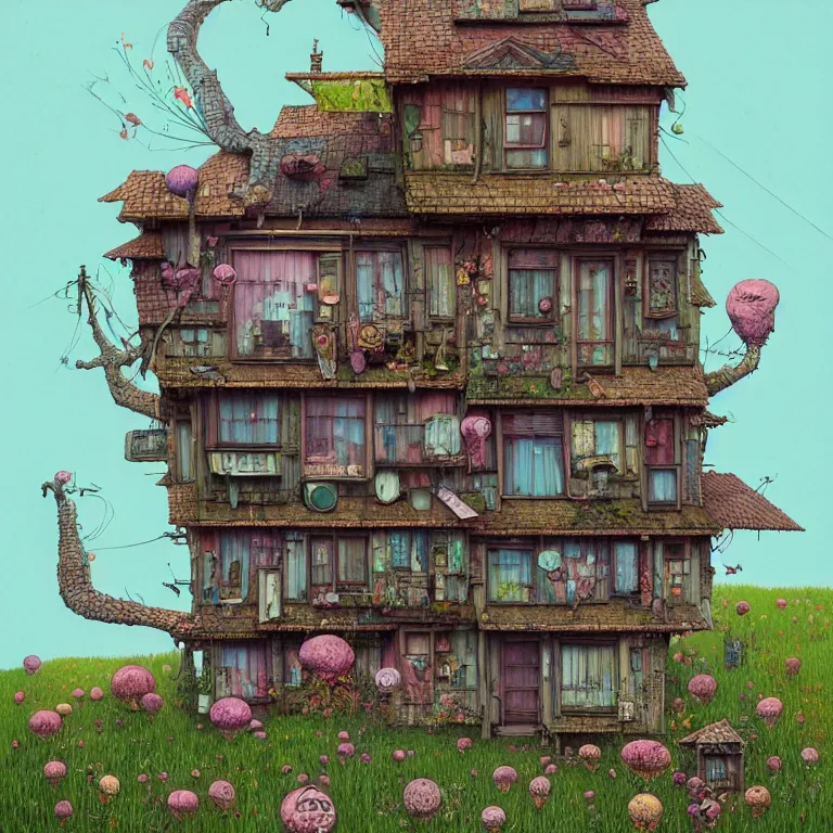 Prompt: house by alibaba, art by gediminas pranckevicius, geof darrow, dark shadows, hard lighting, floralpunk, inking, etching, screen print, masterpiece, trending on artstation, sharp, pastel high contrast hd, 8 k hyper detailed