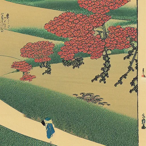 Prompt: countryside with flowers, 8k, ultra detailed, Ukiyo-e style by Katsushika Hokusai