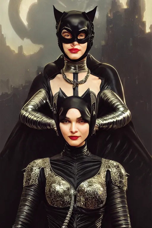 Image similar to painting of catwoman wearing ornate plastic armor, ultra realistic, sharp details, subsurface scattering, intricate details, warm lighting, beautiful features, highly detailed, photorealistic, octane render, 8 k, unreal engine, art by artgerm and greg rutkowski and alphonse mucha