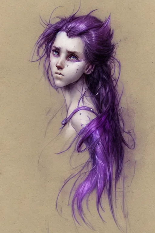 Image similar to character art by jean - baptiste monge, young woman, purple hair, glowing purple eyes