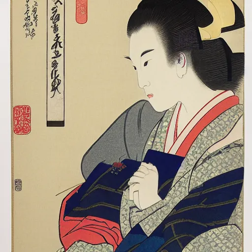 Prompt: japanese woodblock print by utamaro and hokusai,