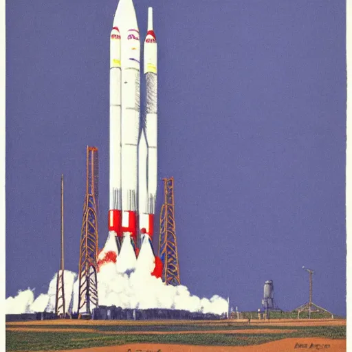 Image similar to color lithograph of a saturn 5 rocket by adolphe millot