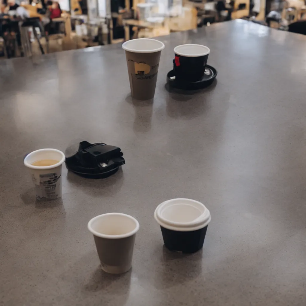 Prompt: a disposable coffee cup sitting on a diner counter, Sigma 24 mm f/8 – wider angle