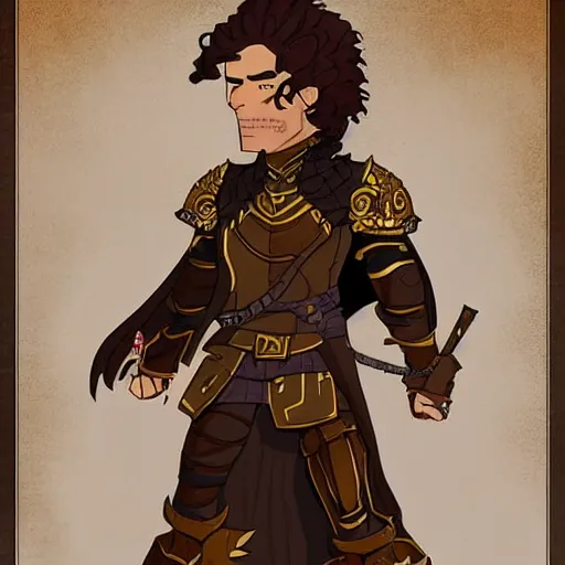 Image similar to character design for a fantasy character named Regulon. Regulon is 32 years old with medium length brown hair and wearing ornate armor. He is a mastermind behind a rebellion