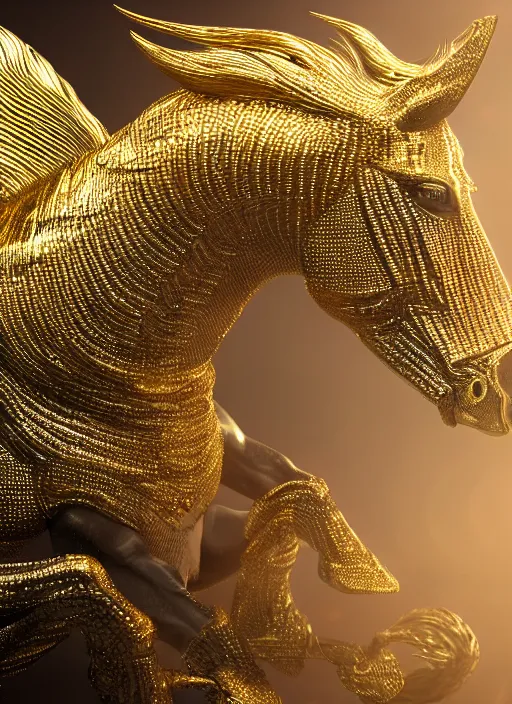 Image similar to kirin hybrid with white horse, golden metalic reflective skin, golden intricate diamonds reflective skin, under water, dynamic, light-gold shimmer, spotlight, ultrarealistic, Hyperdetailed, 3d octane render, science fiction, concept art