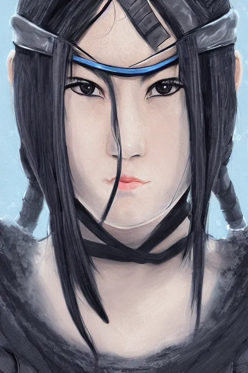 Image similar to native japanese young woman dressed like shinobi ninja, focused stare, partially masked, highly detailed, photorealistic render, digital painting, trending on artstation, character design, overcast weather