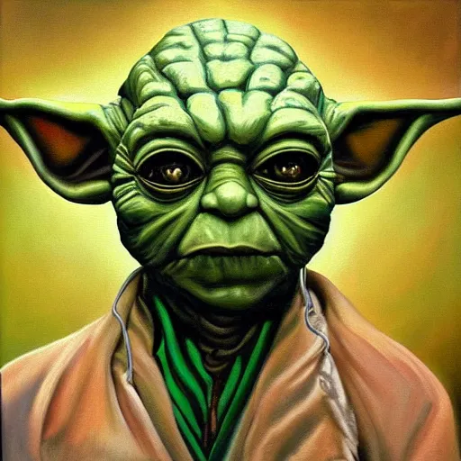 Image similar to a realistic oil painting of yoda as a cybernetic cyborg, surrealism portrait, surrealism album cover