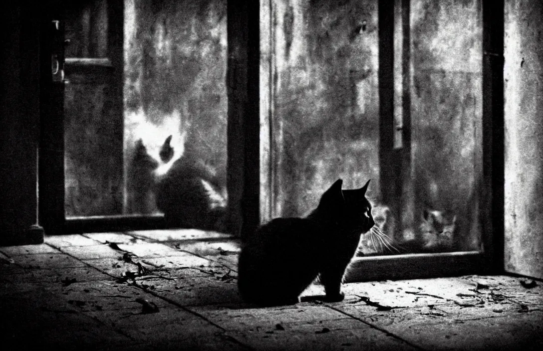 Prompt: wanders in disconsolate disarray half - eaten cat a romantic approach gun camera footage intact flawless ambrotype from 4 k criterion collection remastered cinematography gory horror film, ominous lighting, evil theme wow photo realistic postprocessing 8 k hyper real photo imax rectilinear lens pieter s aenredam