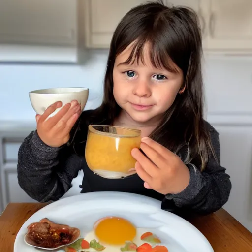 Image similar to thunder and lightning in the palm of her hand, as she sits to eat breakfast