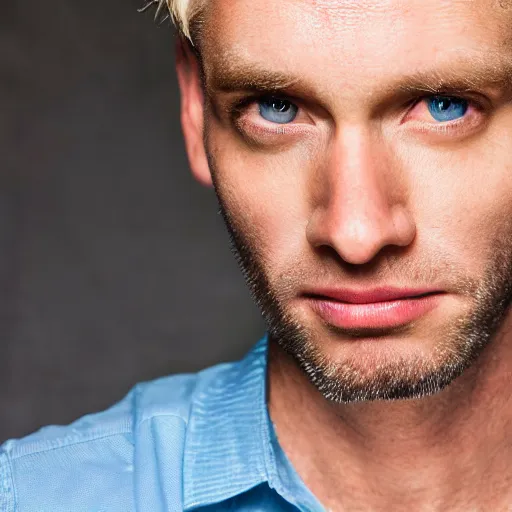 Prompt: close up of face of good looking 4 0 year old blond man with blond stubble, very short wavy blond hair in a short pompadour style, very pale skin, blue eyes, hairy shoulders, hairy chest, color portrait, 4 k