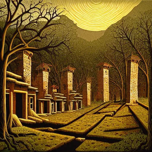 Prompt: an ancient village in the woods, painting by jeffrey smith