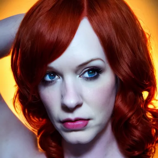 Image similar to symmetry!! christina hendricks!!! full frontal body photography of skinny christina hendricks in cosplay, cosplay!!, blushing, red - cheeks!!, dim volumetric cinematic lighting, 8 k, post - processing, extremely hyper - detailed, intricate, epic composition, masterpiece, stunning,